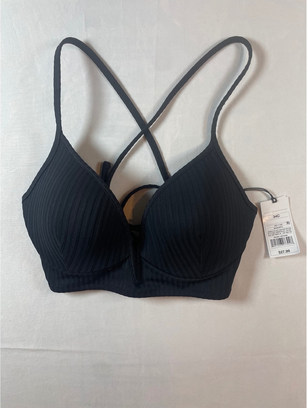 NWT Shade & Shore Black Ribbed Bralette Bikini Top 34C Crisscross Back